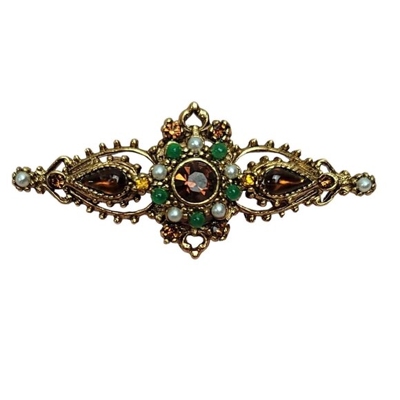 ART Arthur Pepper Gold-Tone Green & White Ballotini Beads Rhinestone Brooch, N81 - Picture 8 of 8